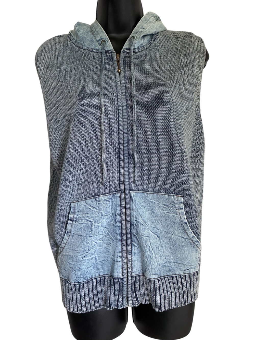 Vintage Y2K Grunge Streetwear Indie Blue Hooded Knit Zip Sweater Vest Sz XL